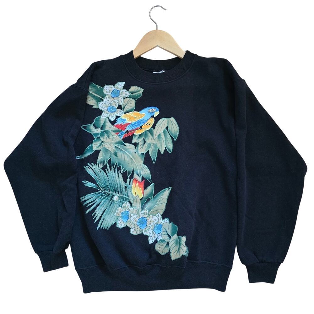 Vintage Hanes Women's Bird Flower Graphic Sweatshirt Black Sz-M Pullover 80s USA